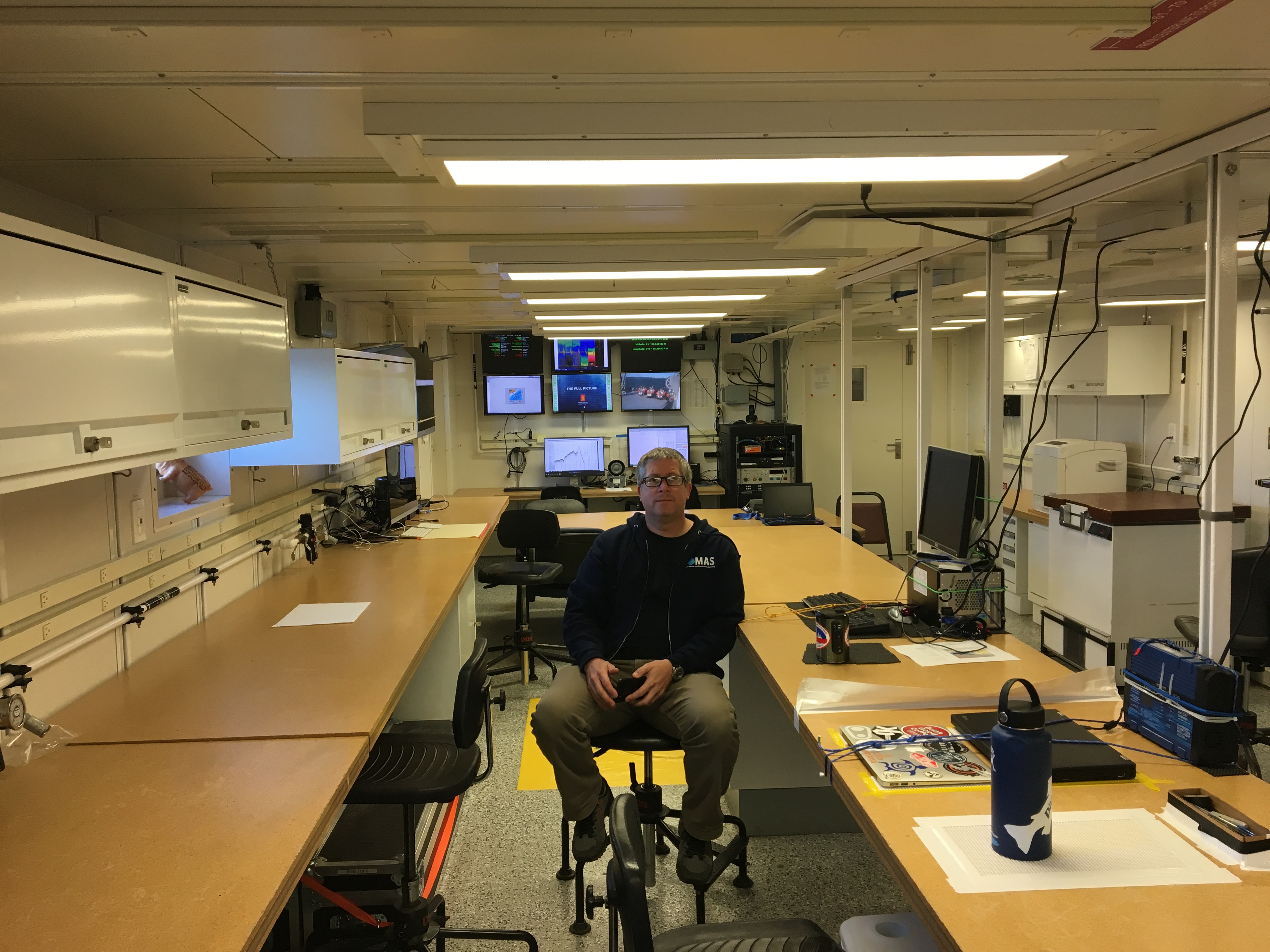 ADEON’s Chief Scientist for this cruise – Joe Warren taking in the fully secure and immaculate lab space on the R/V Armstrong before leaving the dock.