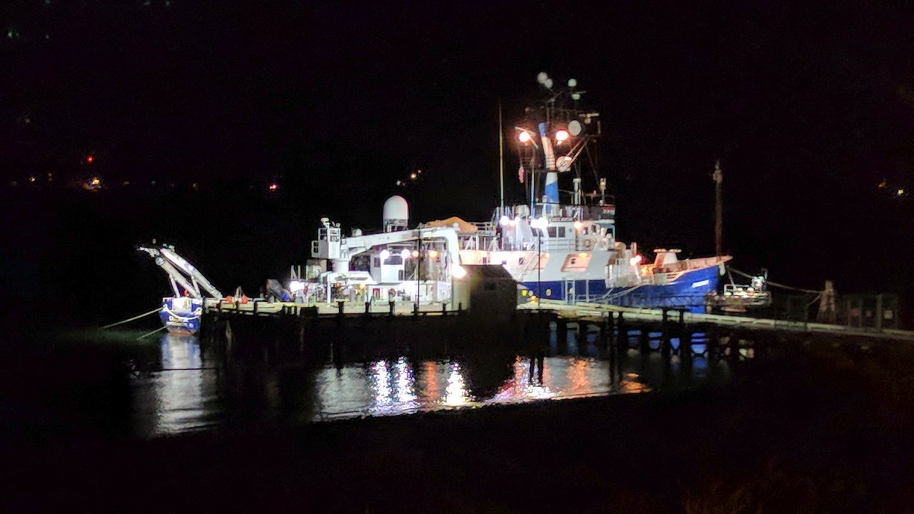 RV Endeavor at night in home port